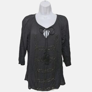 Boston Proper Beaded Peasant Top Blouse Long Sleeve Gray M #8100